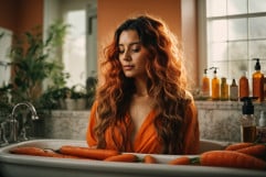 A women in a long hair with a tube of carrot.